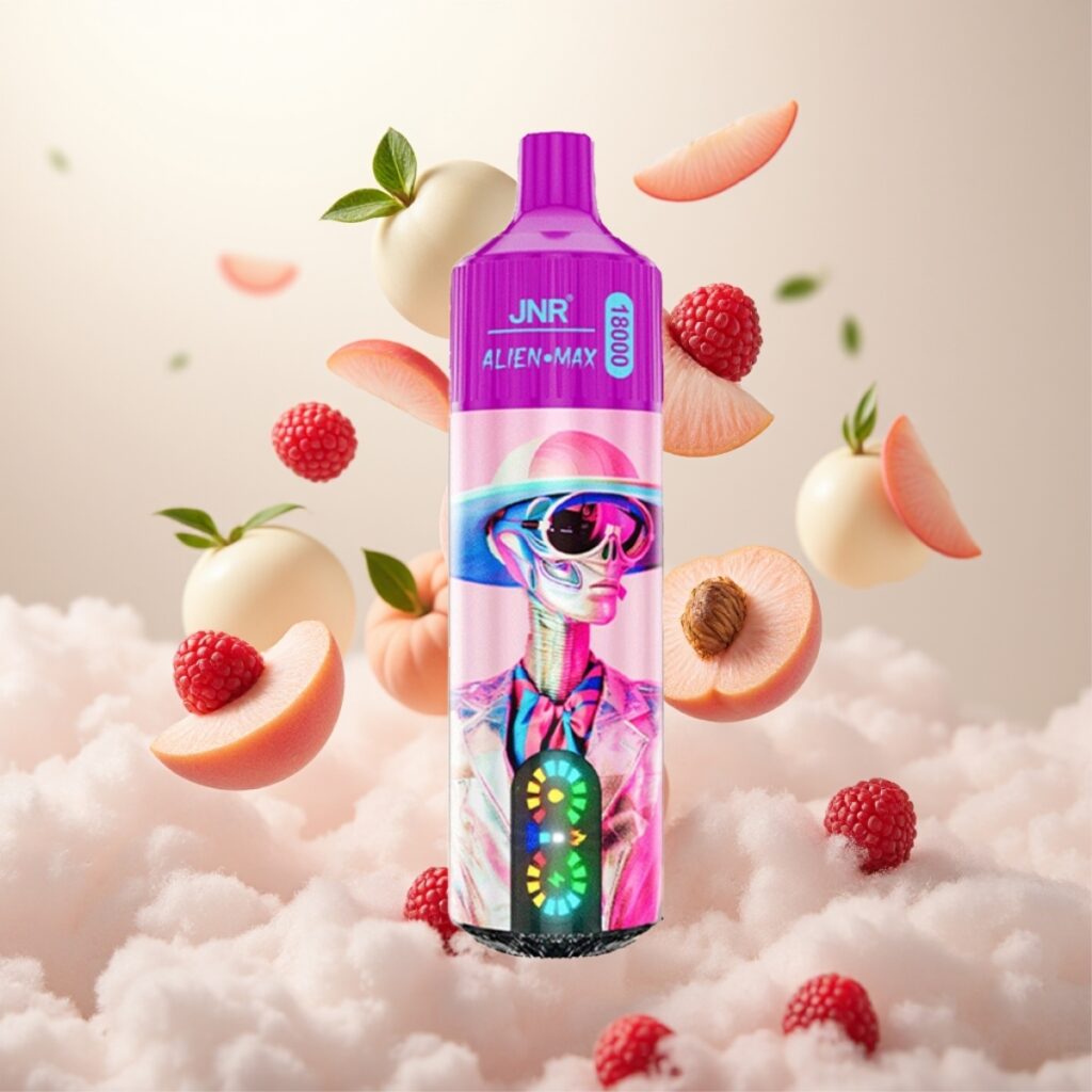 JNR Alien Max 18000 Puffs Smart LED Display, Dual Mesh Coil, 28ml E-liquid, Hvit Fersken Razz