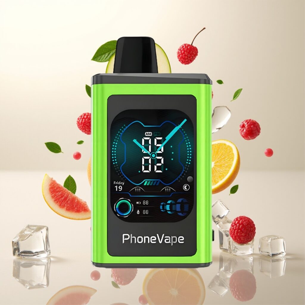 JNR PhoneVape 30000 puffs Engangsdamp – Type-C ladbar, Turbo Mode, Justerbar luftstrøm, 2% & 5% nikotin, Sur Eple Is