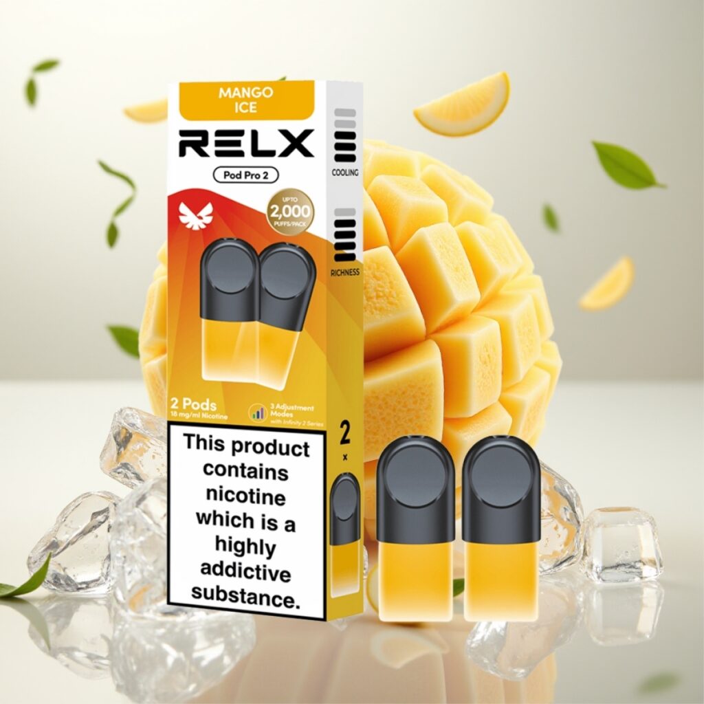 RELX Pod Pro 2 - 1,8% Nikotin, 600 puffs, 1,9ml kapasitet, Mango Is, 2/3 podder per pakke