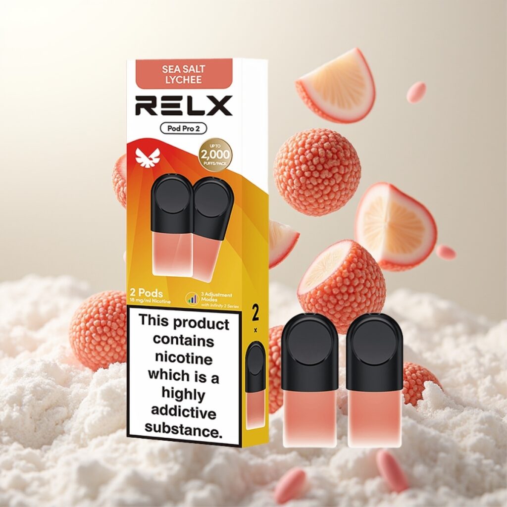 RELX Pod Pro 2 – 1,8% nikotin, 600 puff, 1,9ml kapasitet, 2/3 podder/pakke, spenningjustering (5,5W/6,5W/8W), sjøsalt lychee