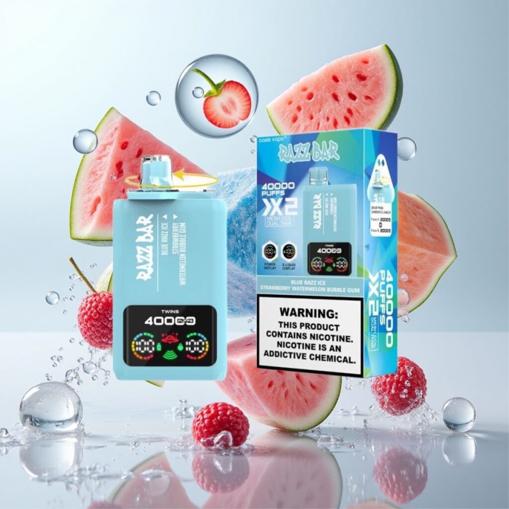 Razz Bar 40000 Puffs Engangs Vape BLÅ RAZZ IS-JORDBÆR VANNNMELON TYGGEGUMMI med Power Skjerm, 1.0Ω×2 Mesh Coil, 650 Mah Batteri