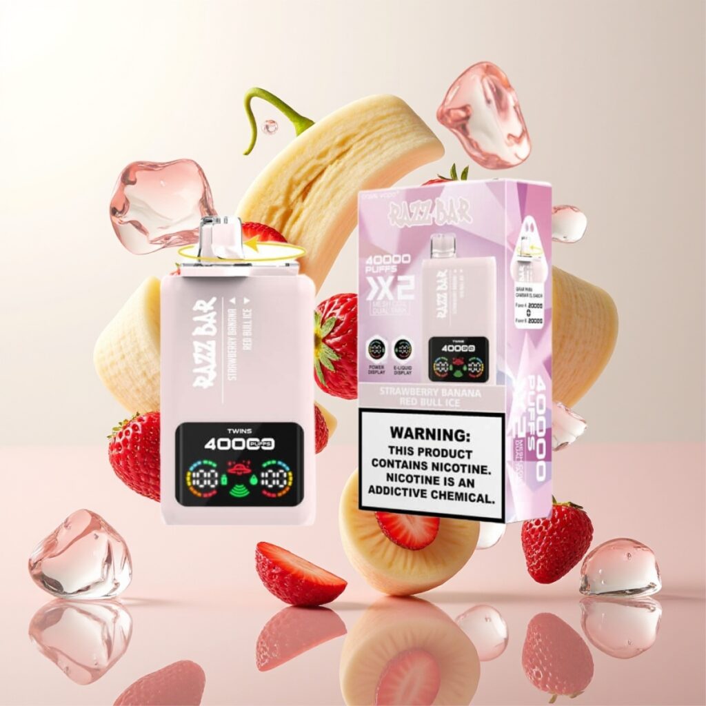 Razz Bar 40000 Puffs Engangs Vape Jordbær Banan & Red Bull Is – Power Skjerm, 1.0Ω×2 Mesh Coil, 650 Mah