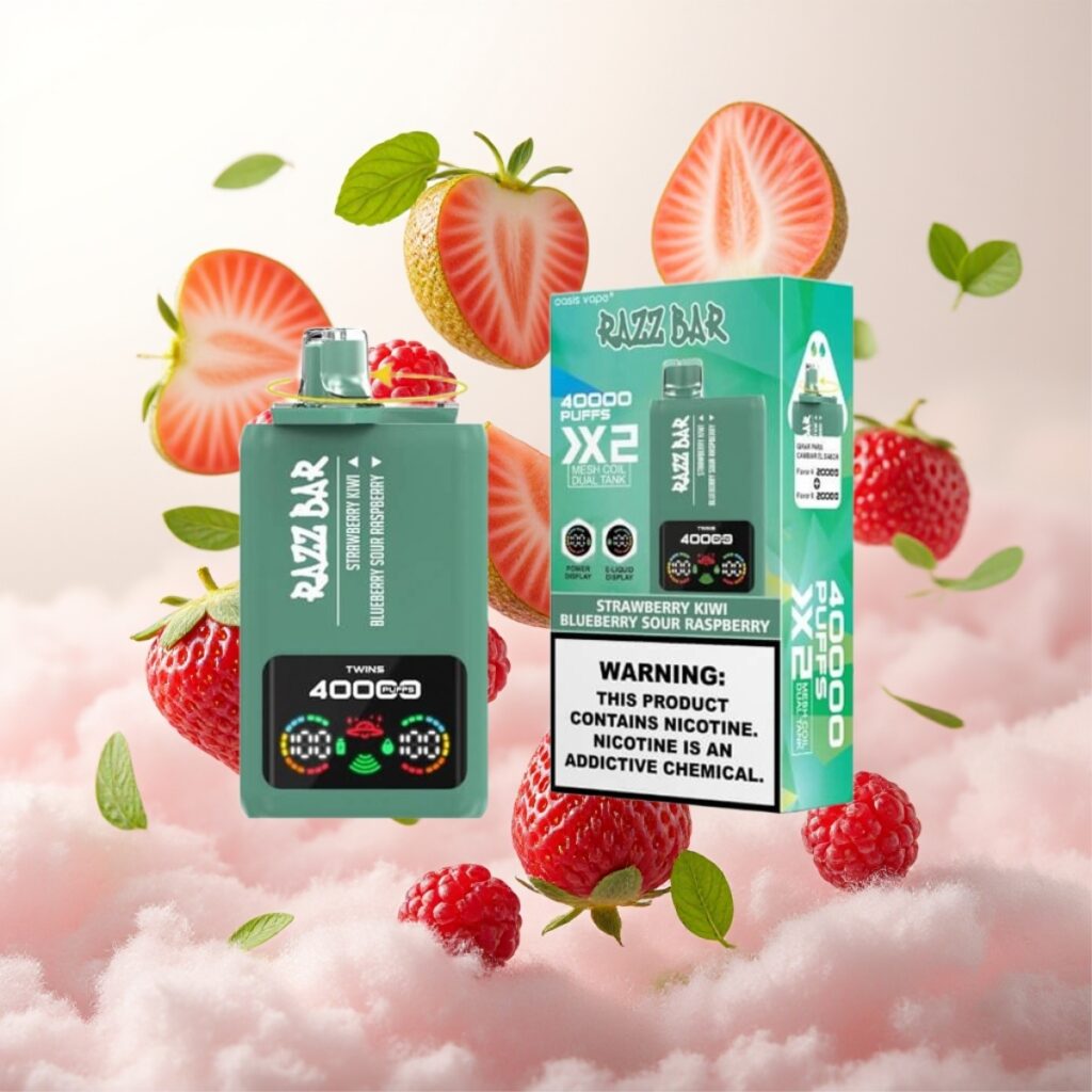 Razz Bar 40000 Puffs Engangs Vape Jordbær Kiwi & Blåbær Sur Bringebær – Power Skjerm, 1.0Ω×2 Mesh Coil, 650 mAh Type-C