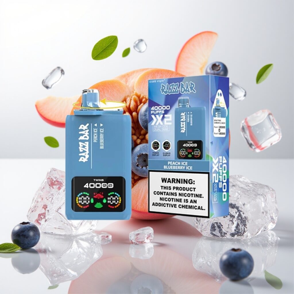 Razz Bar 40000 Puffs Engangs Vape - Power Screen Display, 1.0Ω×2 Mesh Coil, Type-C Port - Fersken Is & Blåbær Is