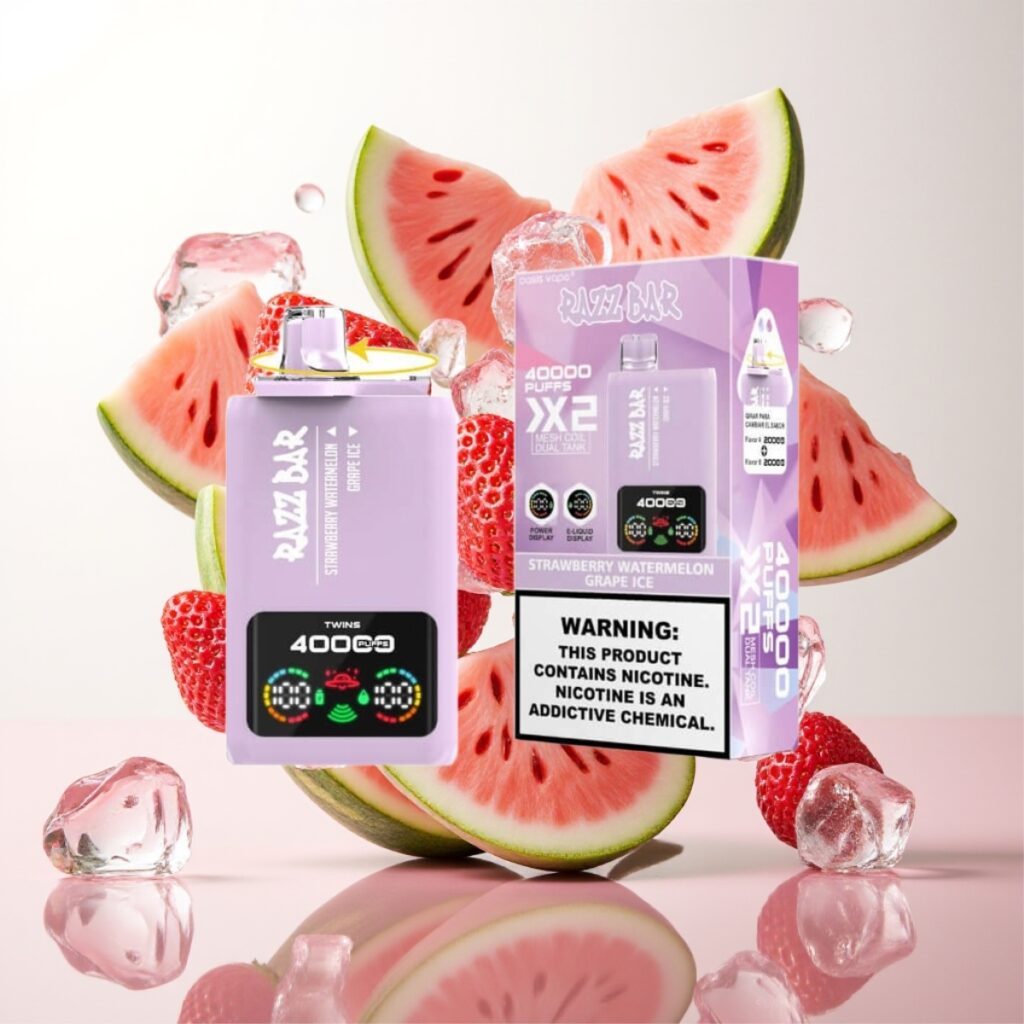Razz Bar 40000 Puffs Engangs Vape Power Skjermvisning, 1.0Ω×2 Mesh Coil, Jordbær Vannmelon & Drue Is