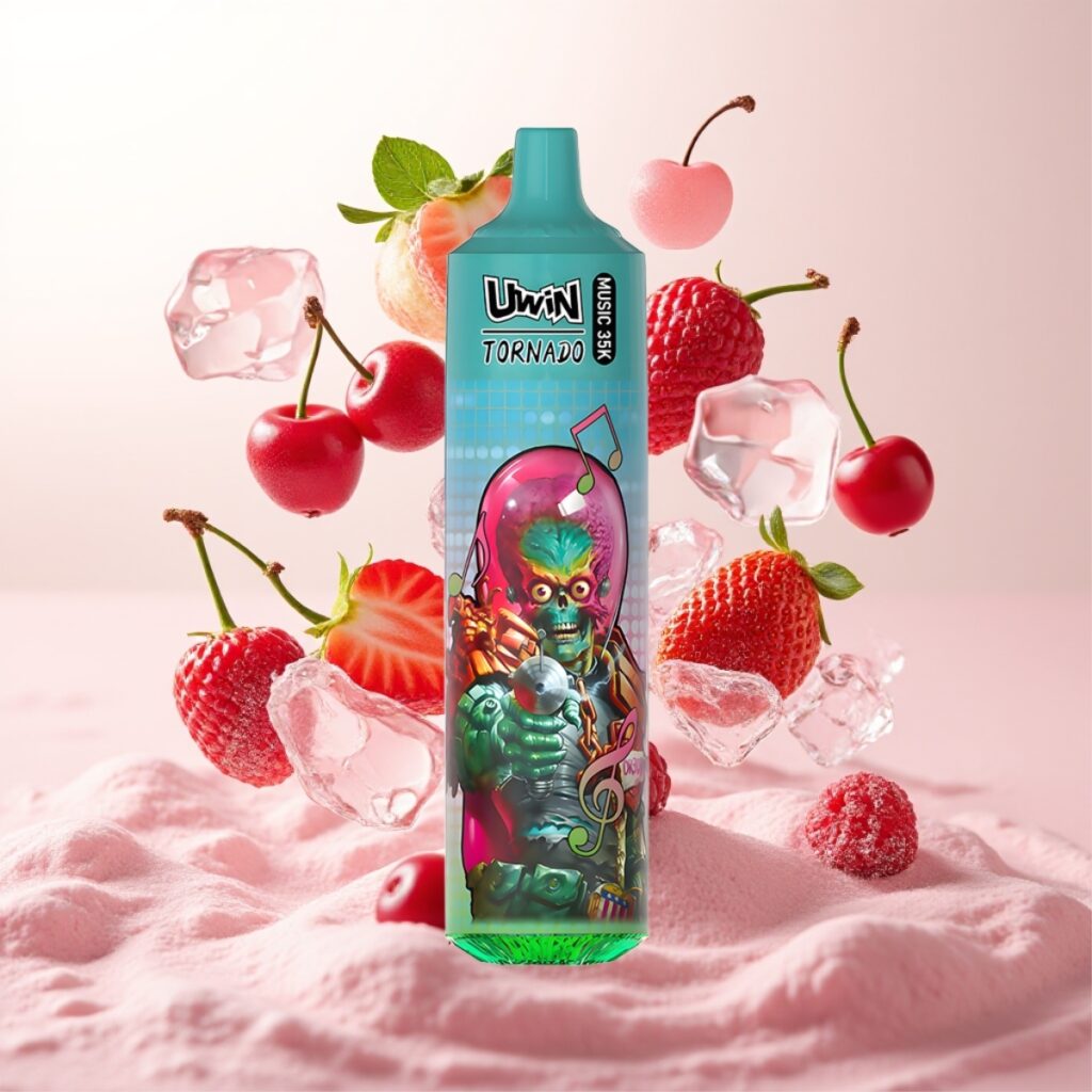Uwin Tornado 35K Music Engangs Vape Jordbær Bringebær Kirsebær Is – 35 000 puffs, 600mAh, Type-C